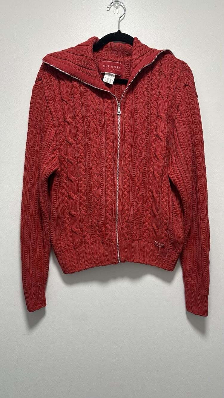 Blue Willis Full Zip Cable Knit Sweater Cardigan Womens Size XL Red-100% Cotton